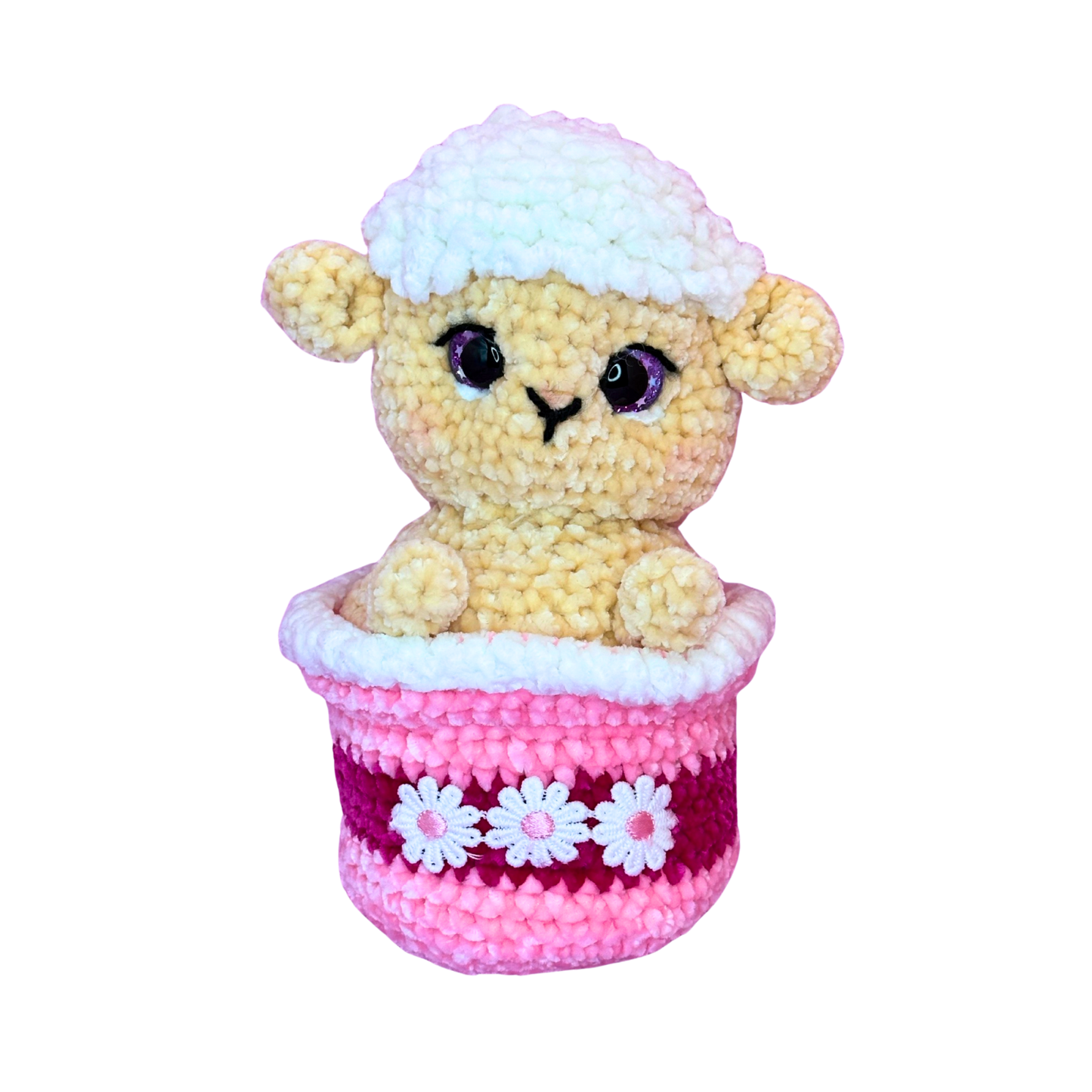 Hand Crocheted Daisy Lamb Flower Pot Collectible – Lila