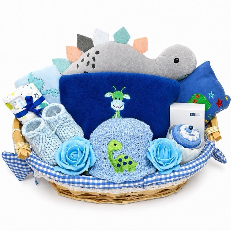 Luxury Dinosaur Baby Boy Gift Basket | Dinosaur Teddy, Blanket, Clothing & Keepsake New Baby Hamper