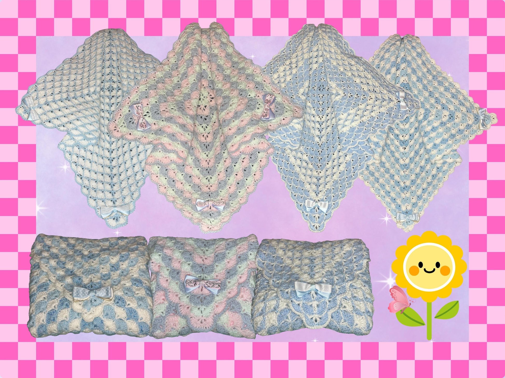 Luxury hand crocheted baby shower shawl blanket yarn newborn gift girl boy new soft lilac pink white blue bows crochet new mum handmade
