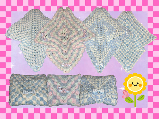 Luxury hand crocheted baby shower shawl blanket yarn newborn gift girl boy new soft lilac pink white blue bows crochet new mum handmade