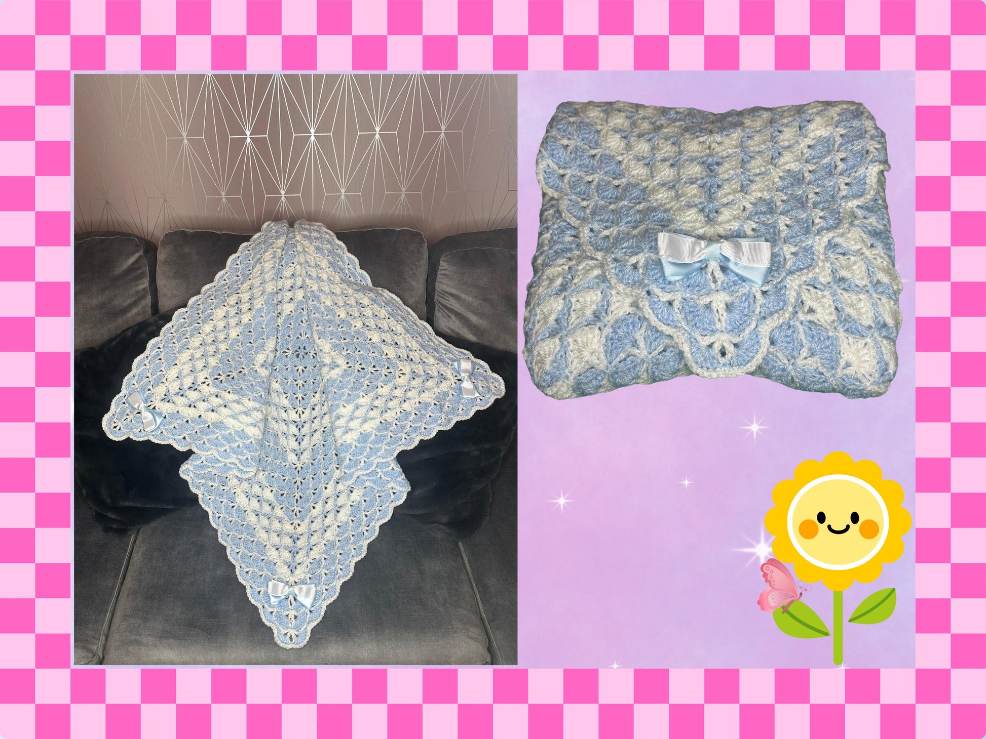 Luxury hand crocheted baby shower shawl blanket yarn newborn gift girl boy new soft lilac pink white blue bows crochet new mum handmade