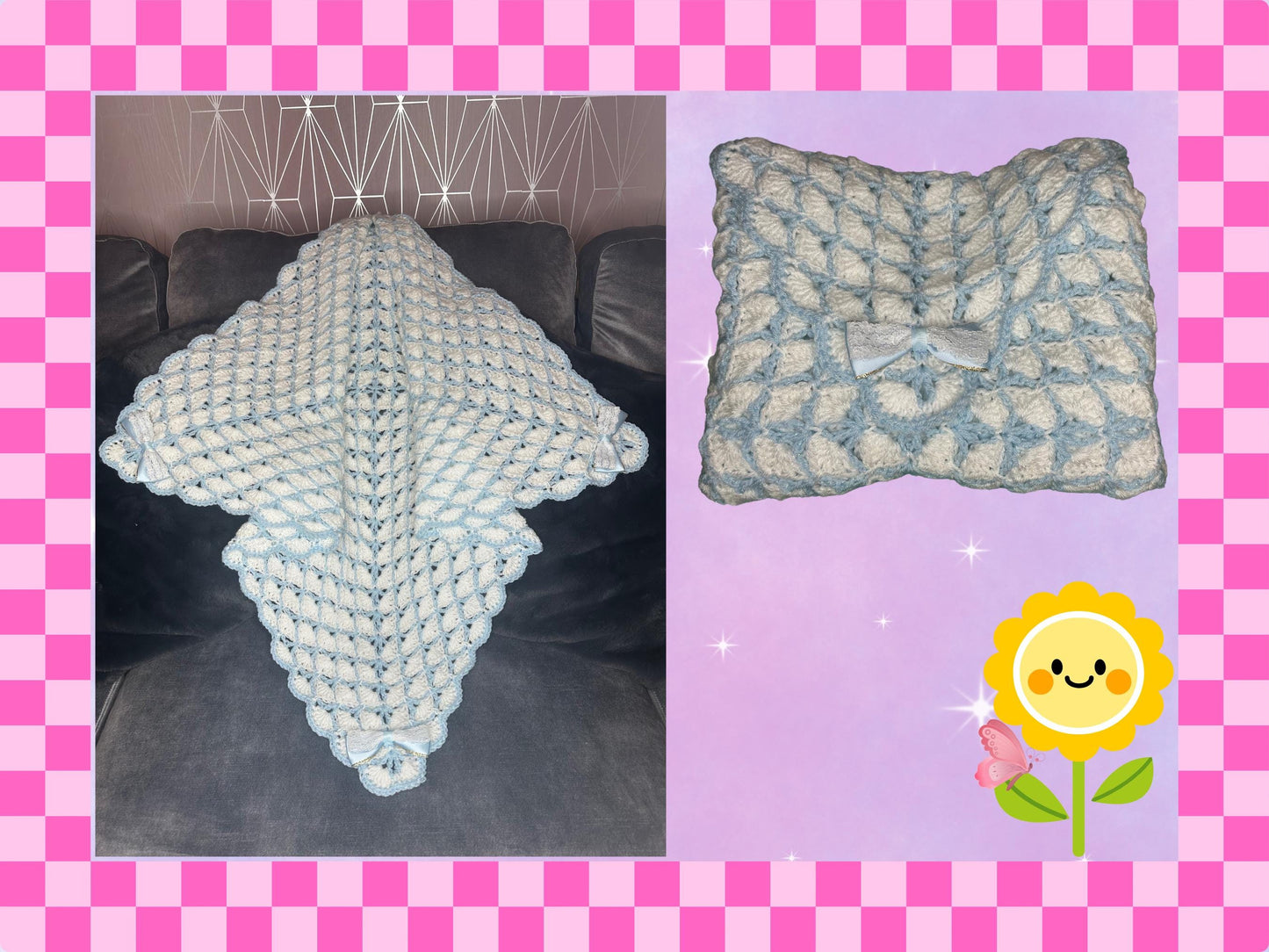 Luxury hand crocheted baby shower shawl blanket yarn newborn gift girl boy new soft lilac pink white blue bows crochet new mum handmade