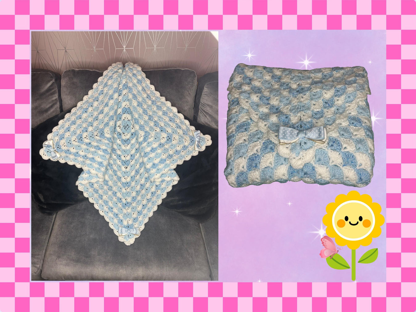 Luxury hand crocheted baby shower shawl blanket yarn newborn gift girl boy new soft lilac pink white blue bows crochet new mum handmade