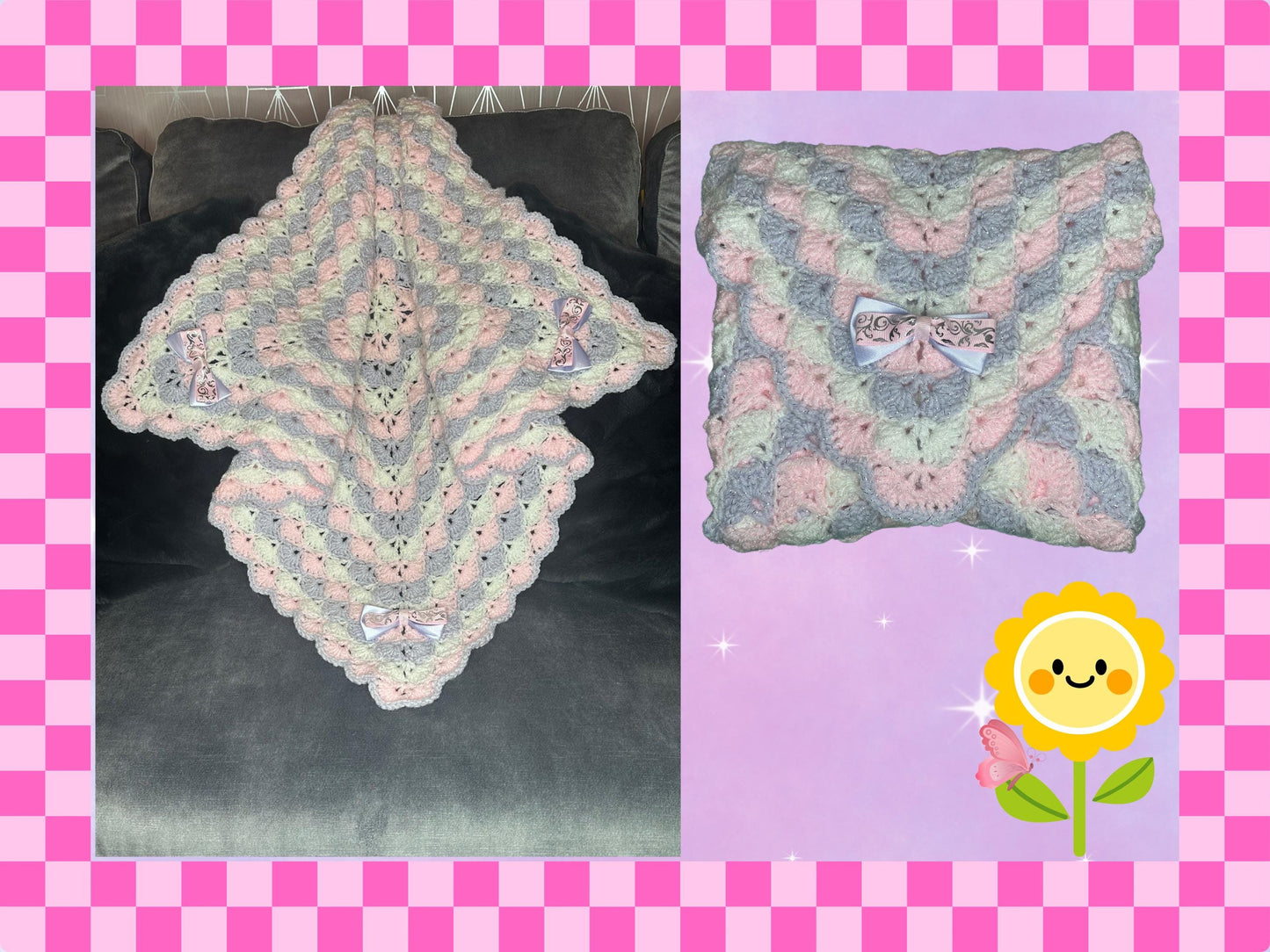 Luxury hand crocheted baby shower shawl blanket yarn newborn gift girl boy new soft lilac pink white blue bows crochet new mum handmade
