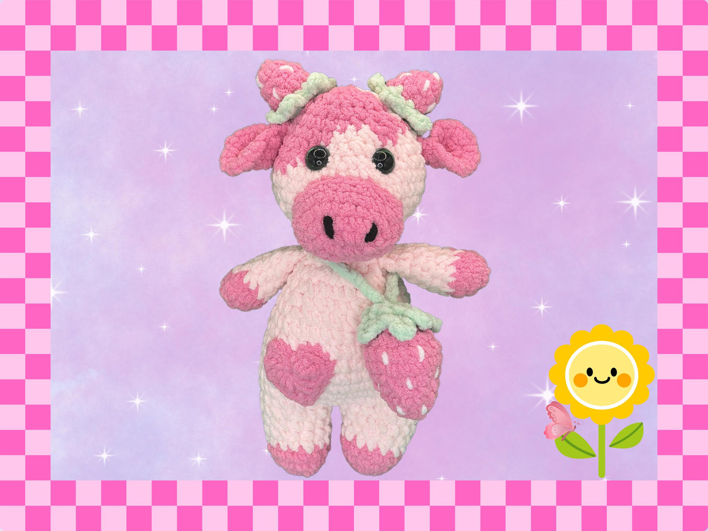 Adorable Hand crochet pink strawberry cow plushie | Matching strawberry bag | Teddy bear soft toy | Handmade | 12 inches / 31cm