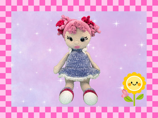 Hand crocheted extra large pink haired doll | Hand crafted 50cm dolly | Blue dress matching shoes + lace underskirt | dolly in outfit | gift