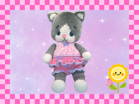 Giant hand crocheted chenille kitty cat soft toy plushie | 24 inches / 60cm | Grey + white | Frilly pink / lilac top + shorts set | Gift