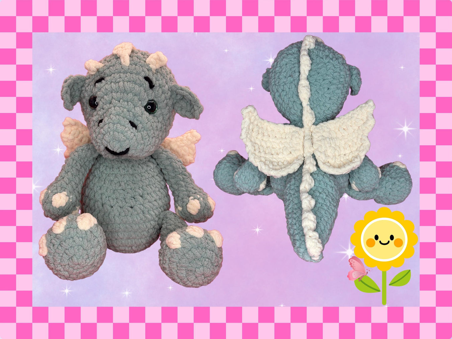 Magnificent hand crocheted dragon plushie | Sage green main body + cream wings | green eyes | hand crafted | 33cm / 13 inches | soft toy
