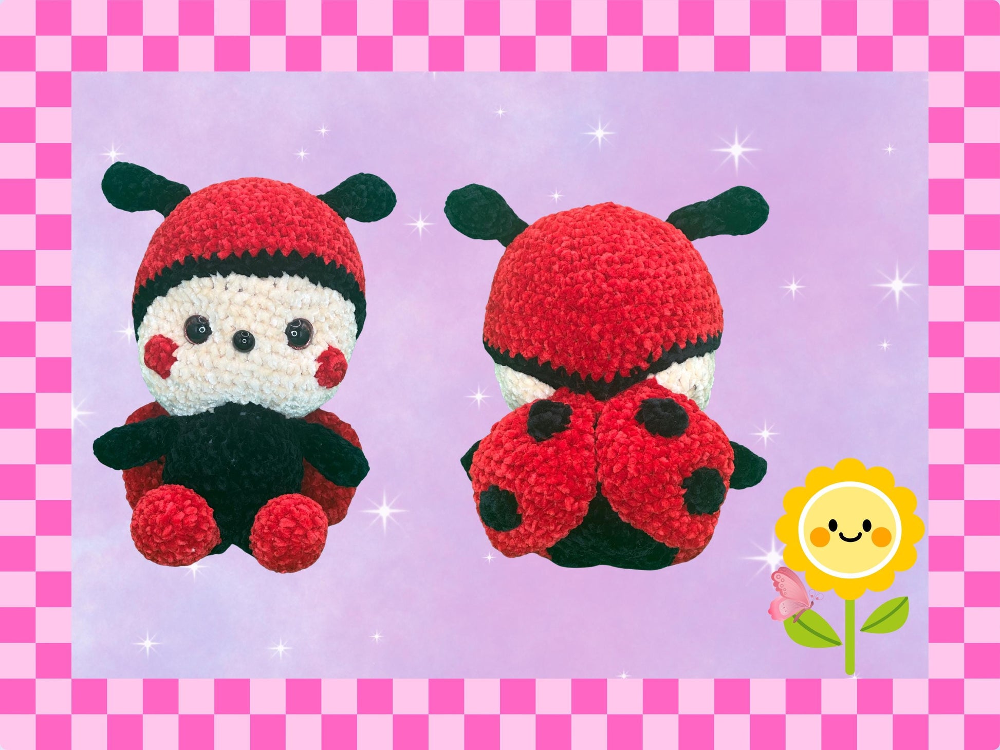 Hand crafted ladybug / ladybird soft toy plushie | red + black classic | super soft chenille yarn | antennae | wings | teddy | safety eyes