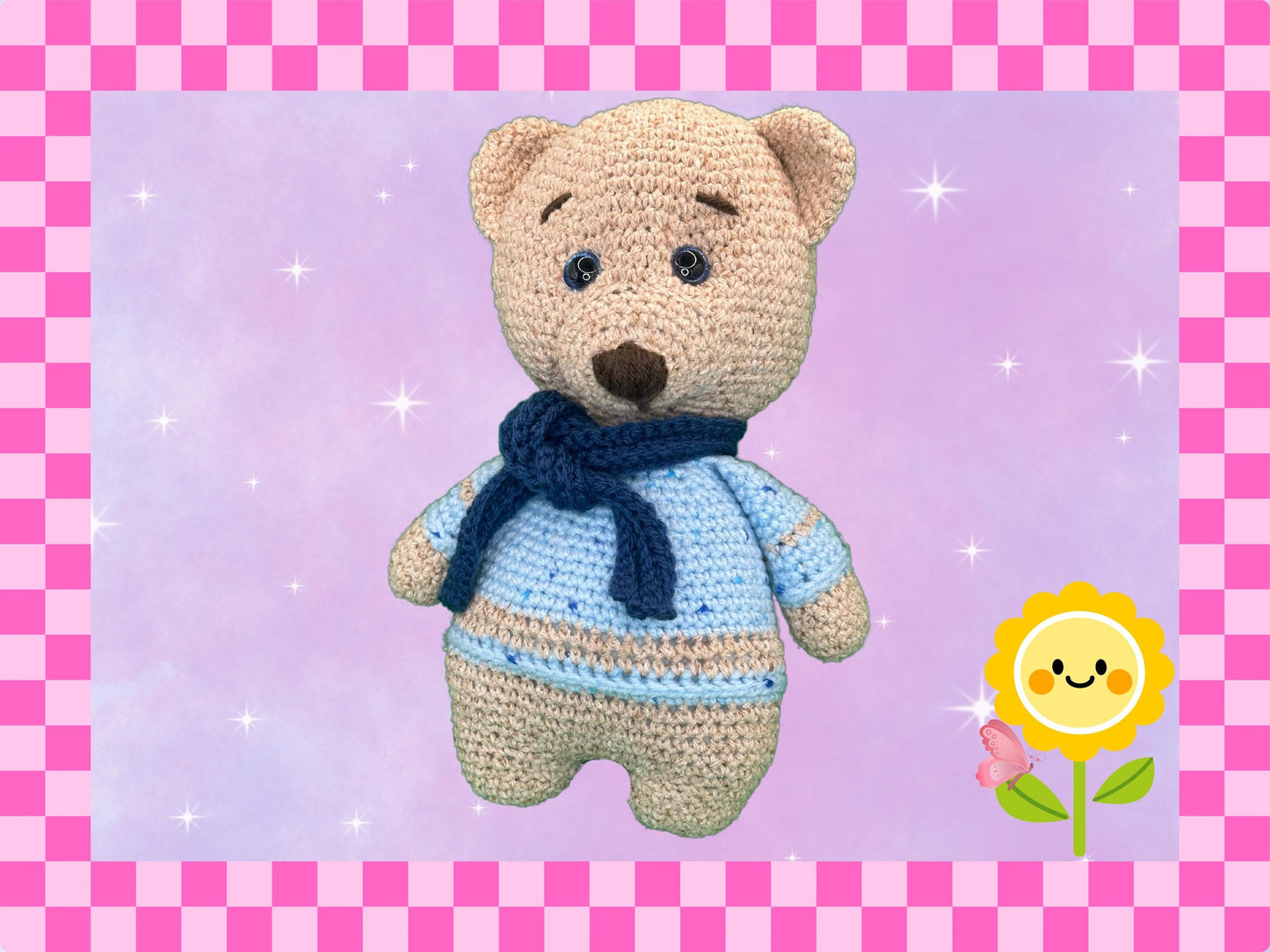 Hand crafted amigarumi brown bear | large teddy | wearing a blue sweater + dark blue scarf | hand crocheted | 13 inches / 33cm | cotton yarn