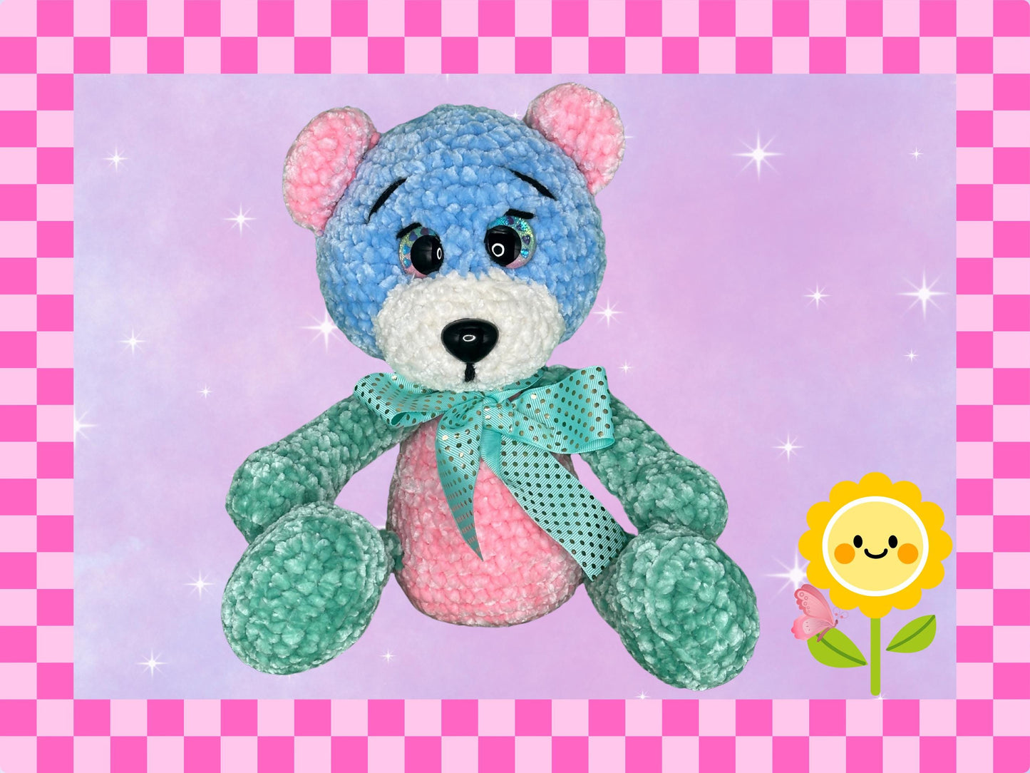 Hand crocheted patchwork teddy bear plushie | 14 inch / 36cm | handmade | hand crafted | plush soft toy | chenille yarn | cute gift | pink