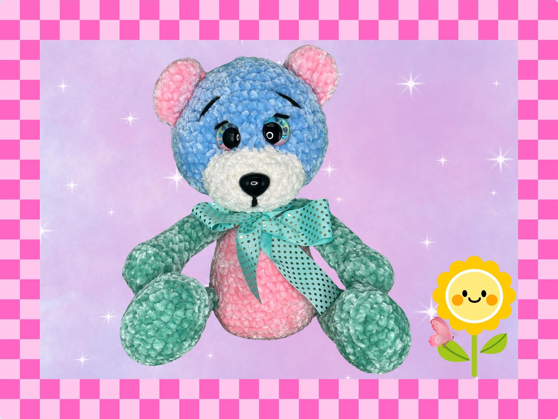 Hand crocheted patchwork teddy bear plushie | 14 inch / 36cm | handmade | hand crafted | plush soft toy | chenille yarn | cute gift | pink