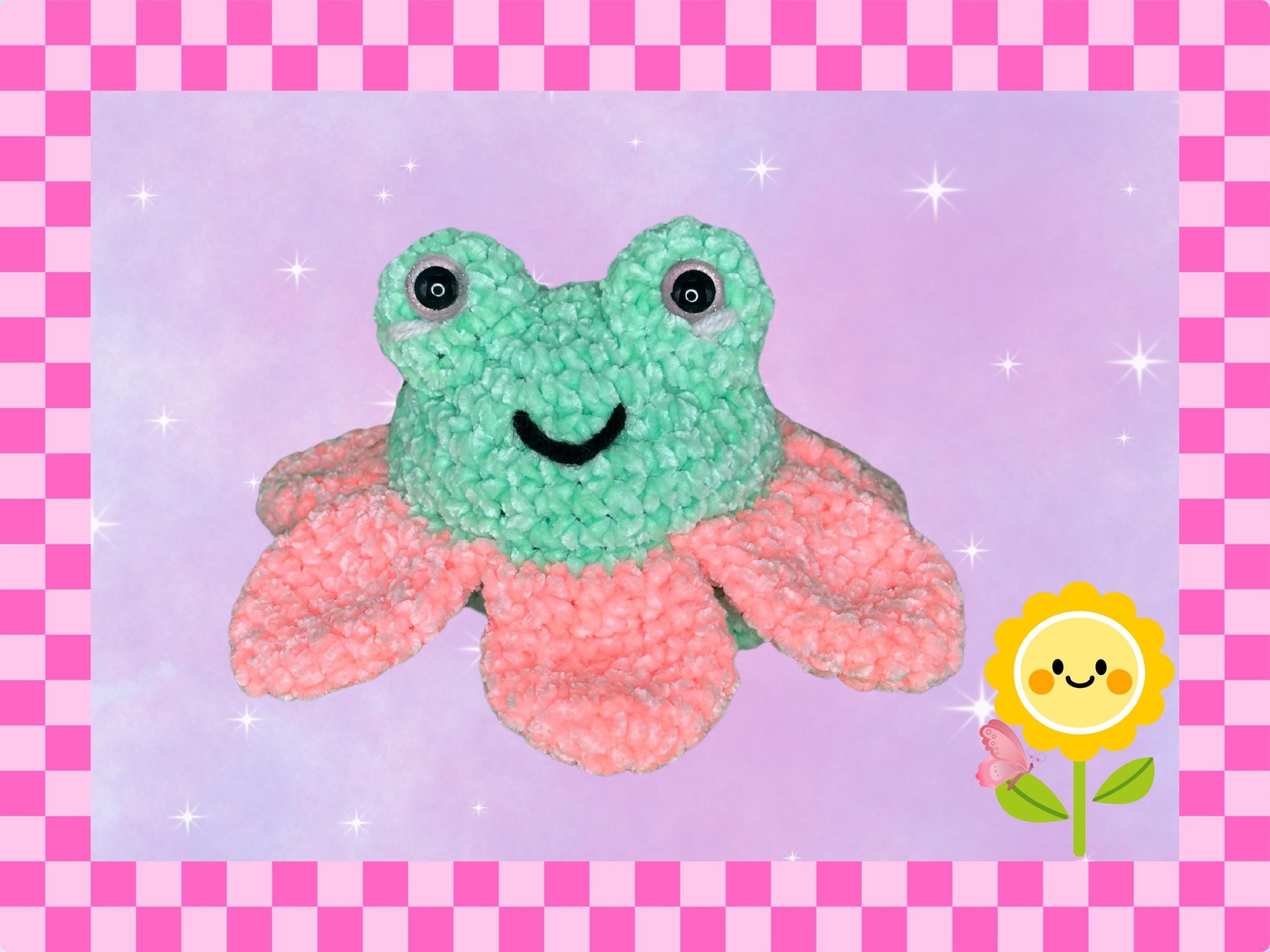 Adorable Hand crocheted Lilly pad frog plushie | hand crafted plush flower | chenille yarn amigarumi soft toy | stuffed animal | green pink