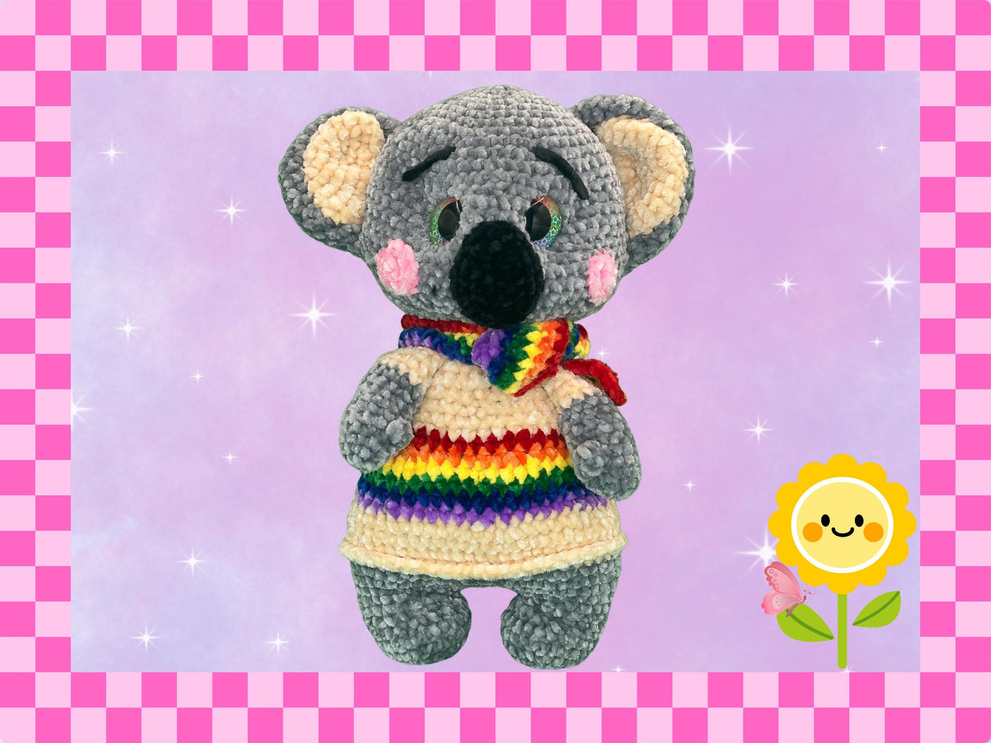 Hand crafted chenille yarn rainbow pride koala bear | crocheted soft toy | stuffed animal in outfit | LGBTQ+ | striped sweater + fun necktie