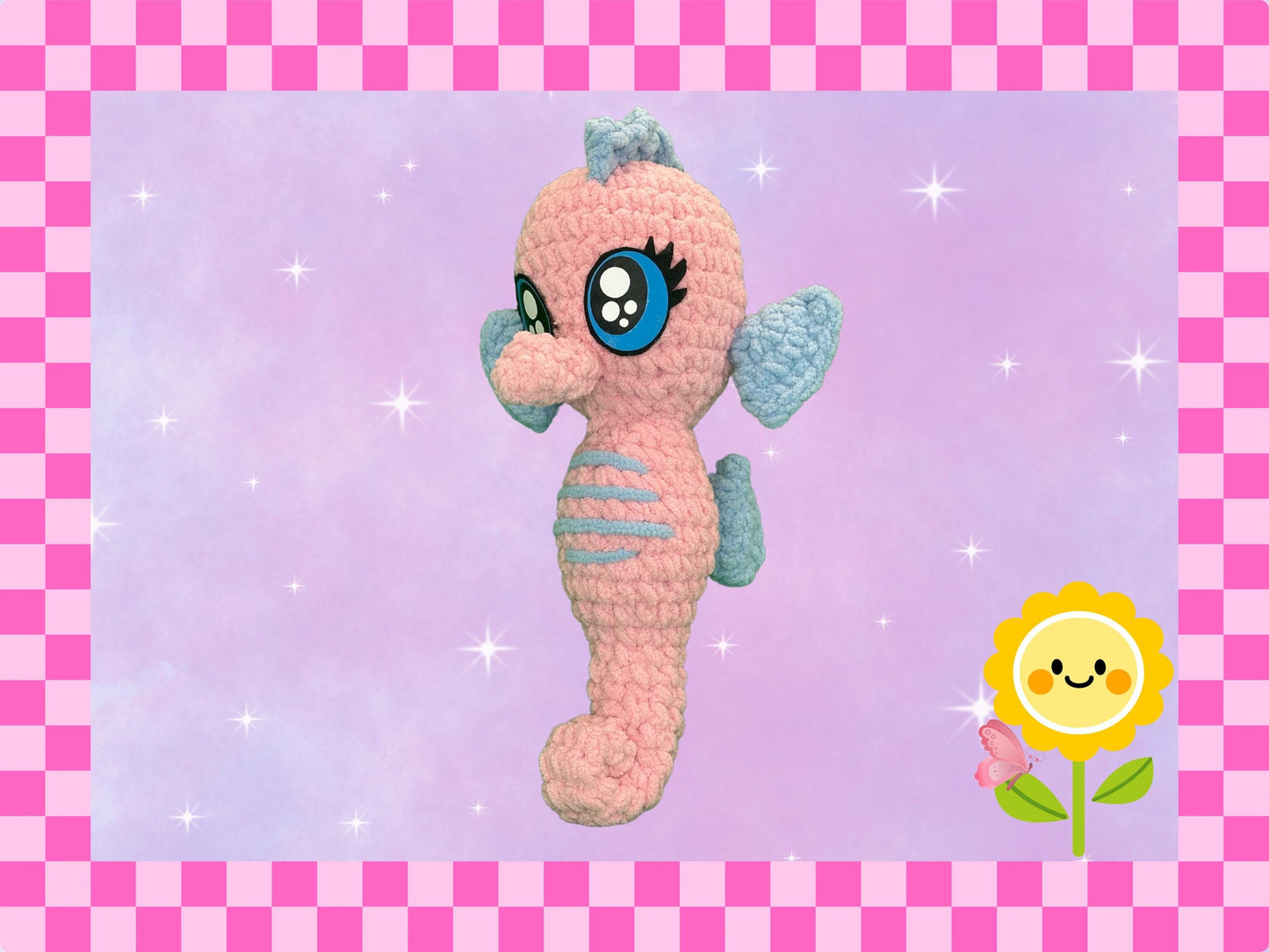 Adorable Hand crocheted seahorse plushie | hand crafted plush | chenille yarn amigarumi soft toy | stuffed animal | pink + blue | cute gift