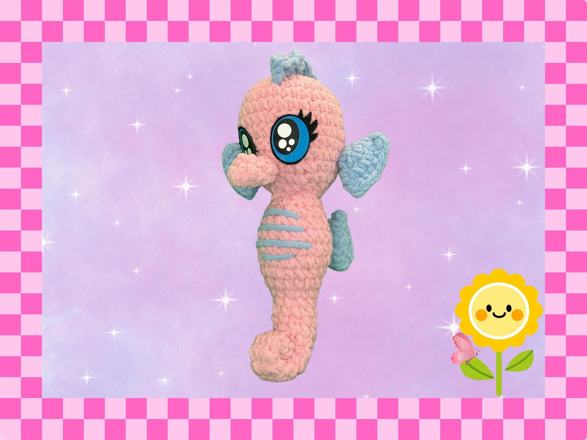 Adorable Hand crocheted seahorse plushie | hand crafted plush | chenille yarn amigarumi soft toy | stuffed animal | pink + blue | cute gift