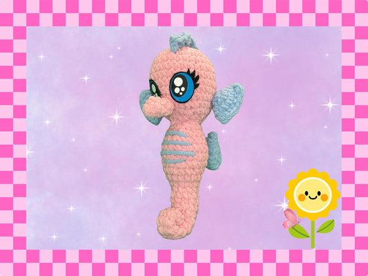 Adorable Hand crocheted seahorse plushie | hand crafted plush | chenille yarn amigarumi soft toy | stuffed animal | pink + blue | cute gift