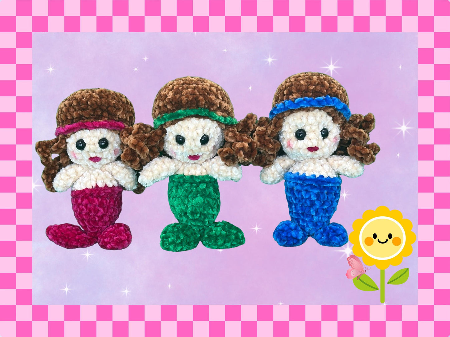 Adorable trio of mermaids | set of three | super soft chenille yarn | hand crocheted cute plushies | gift set | hand crafted | 3 in 1 bundle