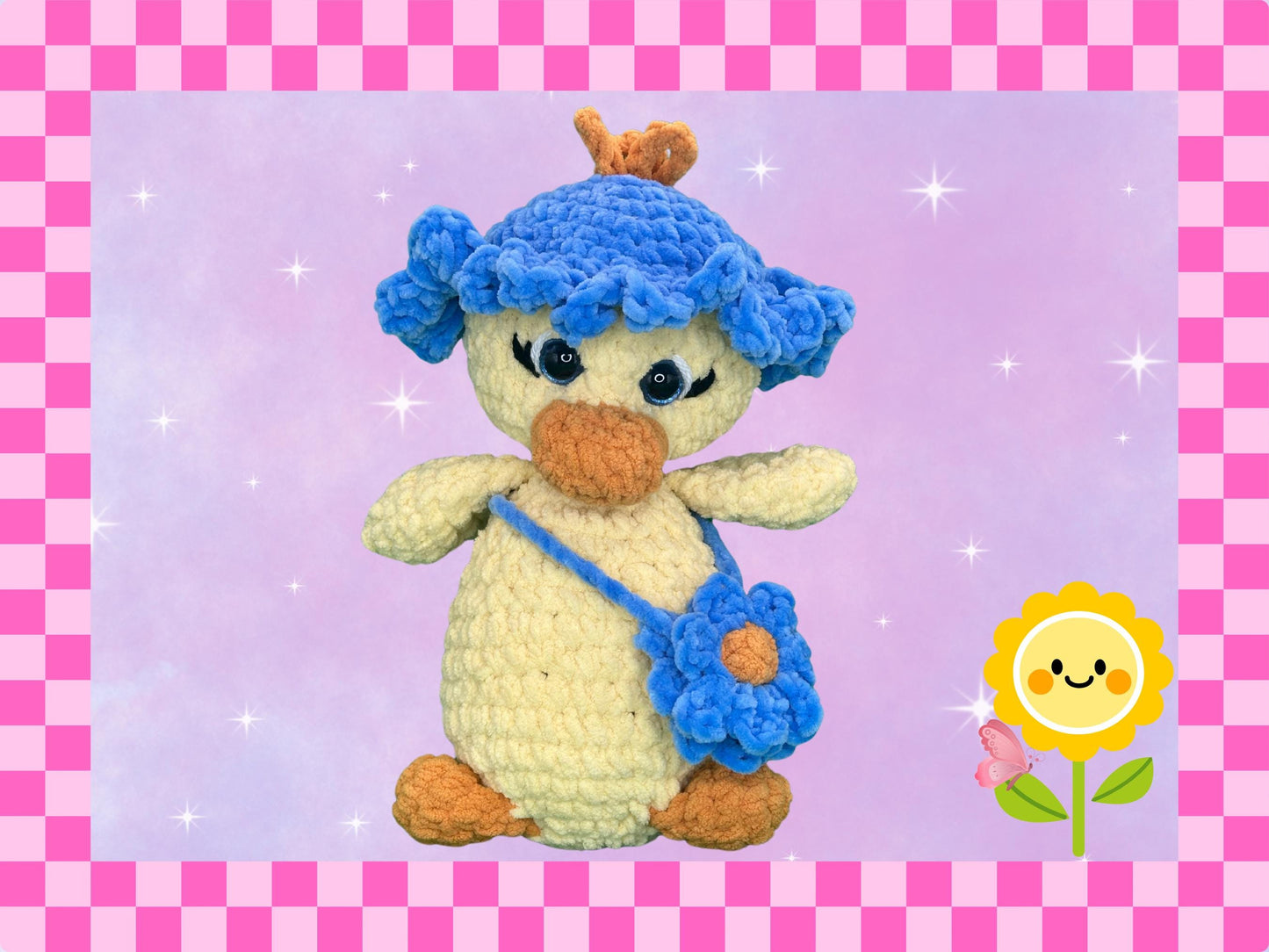 Cute hand crocheted yellow duck soft toy with bucket hat + flower bag | handmade plushie | soft chenille blanket yarn | amigarumi duckling |