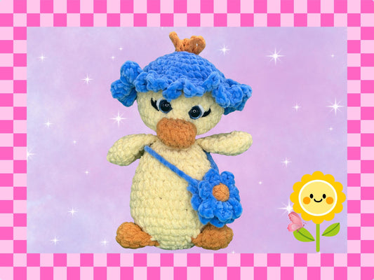 Cute hand crocheted yellow duck soft toy with bucket hat + flower bag | handmade plushie | soft chenille blanket yarn | amigarumi duckling |