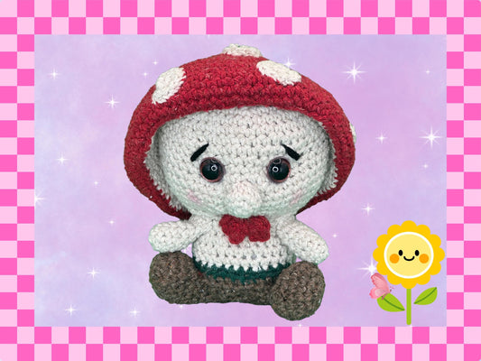 Adorable Hand crocheted mushroom man plushie | cotton amigarumi | pop up red top | matching red bow tie | Teddy bear soft toy stuffed animal