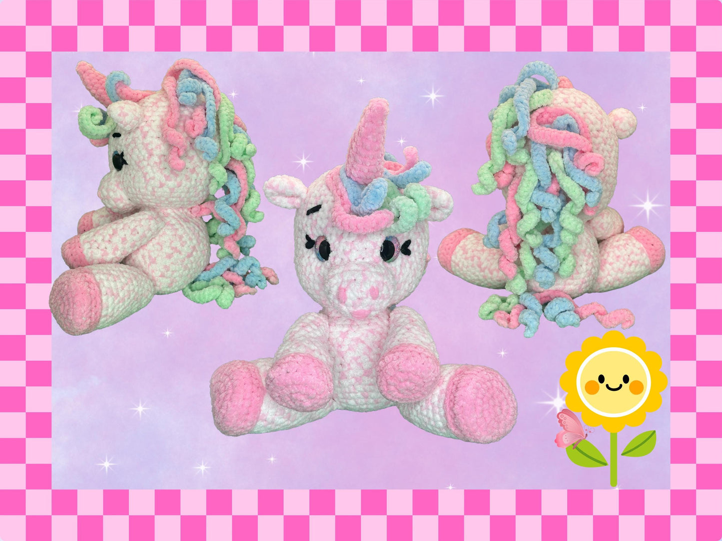 Adorable hand crocheted unicorn plushie | hand crafted plush soft toy | chenille yarn | pink + white with rainbow mane | cute handmade gift