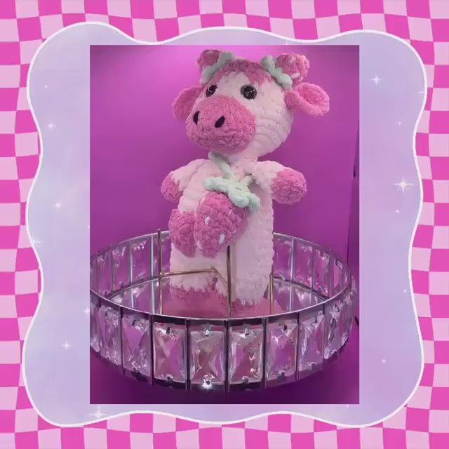 Adorable Hand crochet pink strawberry cow plushie | Matching strawberry bag | Teddy bear soft toy | Handmade | 12 inches / 31cm