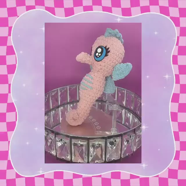 Adorable Hand crocheted seahorse plushie | hand crafted plush | chenille yarn amigarumi soft toy | stuffed animal | pink + blue | cute gift