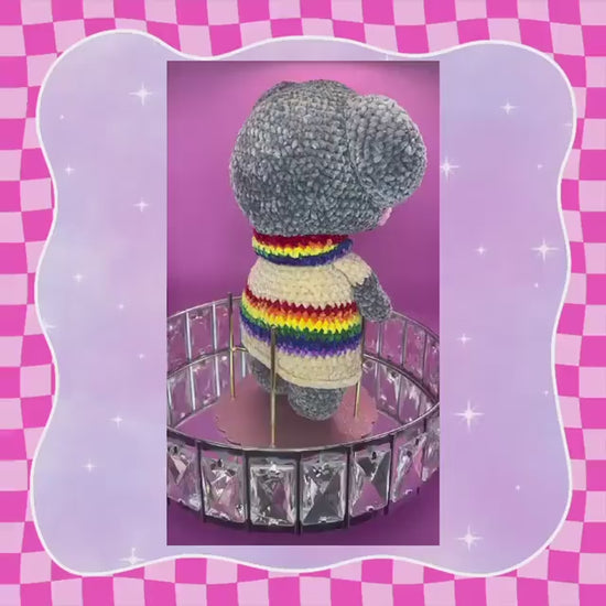 Hand crafted chenille yarn rainbow pride koala bear | crocheted soft toy | stuffed animal in outfit | LGBTQ+ | striped sweater + fun necktie