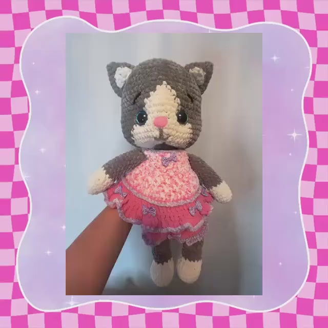 Giant hand crocheted chenille kitty cat soft toy plushie | 24 inches / 60cm | Grey + white | Frilly pink / lilac top + shorts set | Gift