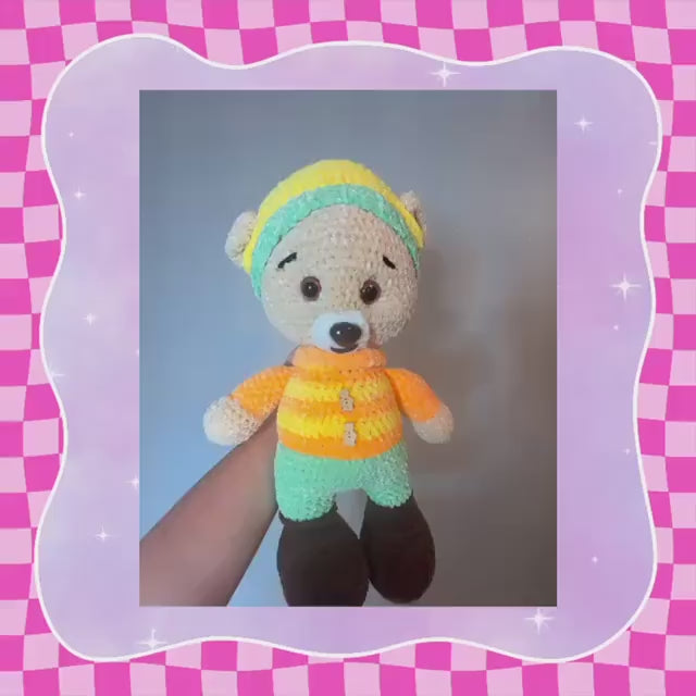 Adorable Hand crochet teddy bear | Winter outfit with jumper + trousers + removable hat | Soft toy | Handmade | 50cm / 19 inch | Cute gift