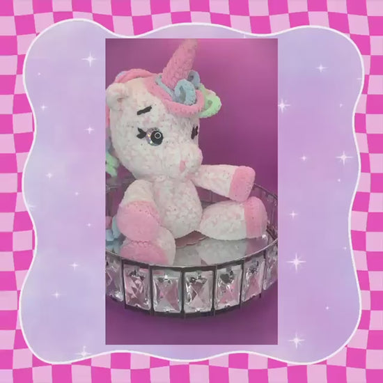 Adorable hand crocheted unicorn plushie | hand crafted plush soft toy | chenille yarn | pink + white with rainbow mane | cute handmade gift