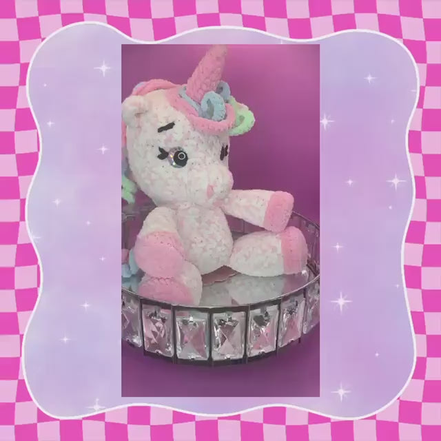 Adorable hand crocheted unicorn plushie | hand crafted plush soft toy | chenille yarn | pink + white with rainbow mane | cute handmade gift