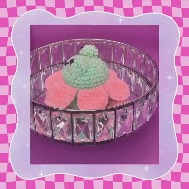 Adorable Hand crocheted Lilly pad frog plushie | hand crafted plush flower | chenille yarn amigarumi soft toy | stuffed animal | green pink