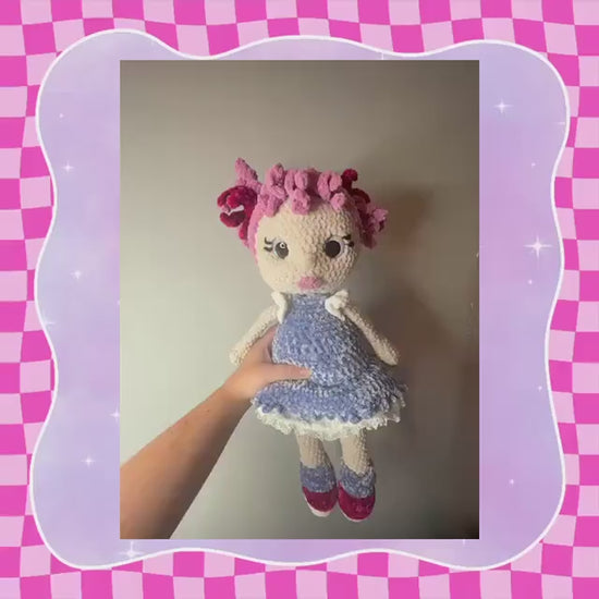 Hand crocheted extra large pink haired doll | Hand crafted 50cm dolly | Blue dress matching shoes + lace underskirt | dolly in outfit | gift