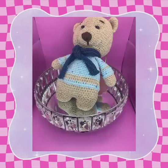 Hand crafted amigarumi brown bear | large teddy | wearing a blue sweater + dark blue scarf | hand crocheted | 13 inches / 33cm | cotton yarn