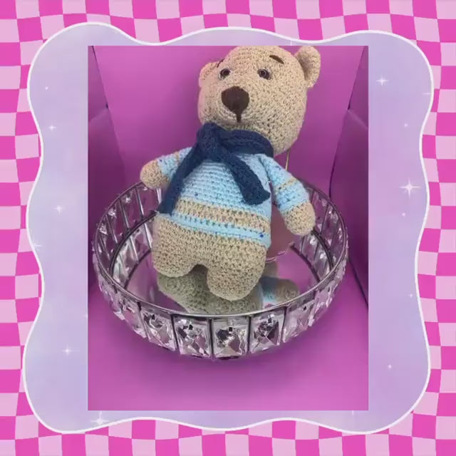Hand crafted amigarumi brown bear | large teddy | wearing a blue sweater + dark blue scarf | hand crocheted | 13 inches / 33cm | cotton yarn